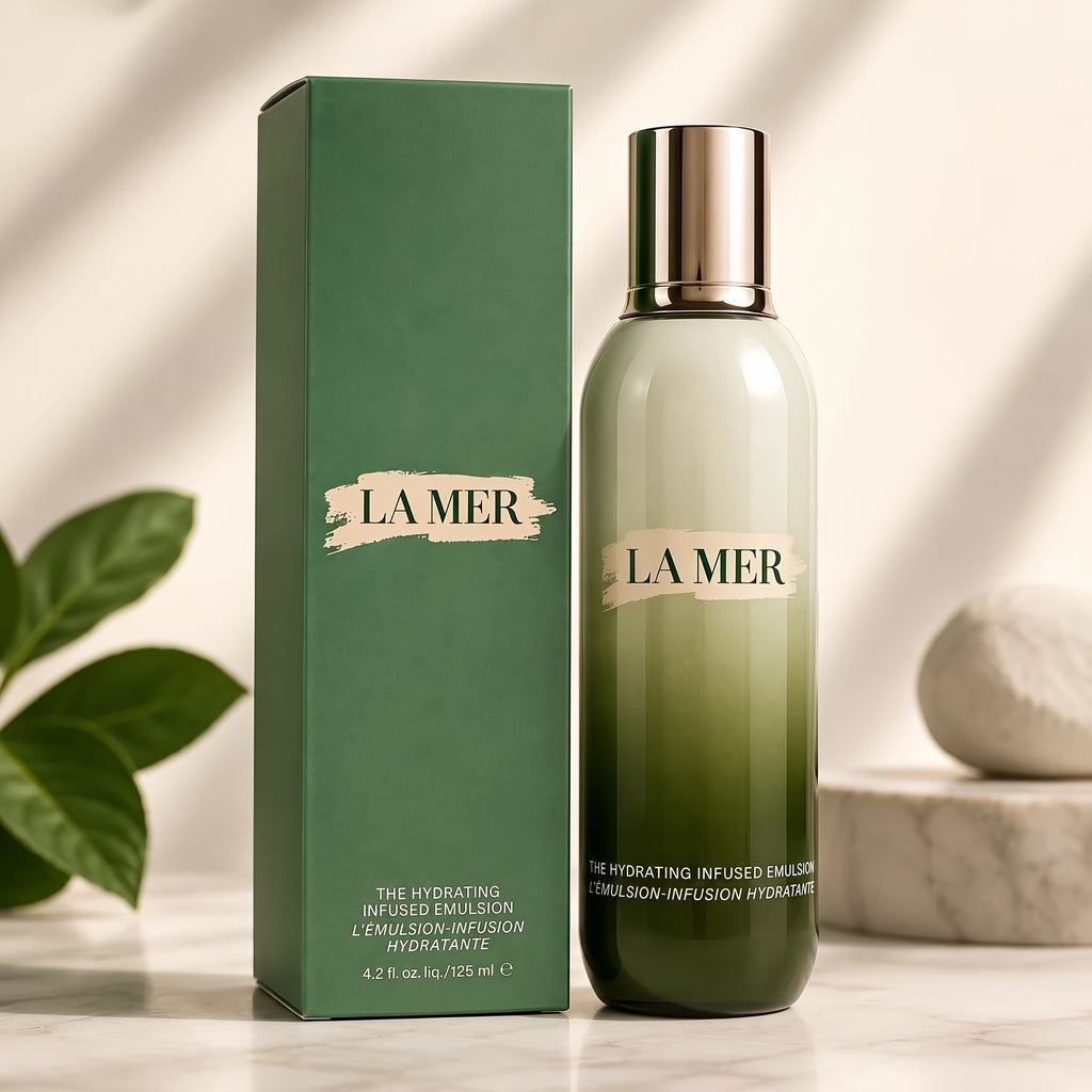 La Mer The Hydrating Infused Emulsion bottle in a green-to-clear gradient bottle with a metallic gold cap, standing next to its green packaging box on a marble surface with soft shadows.