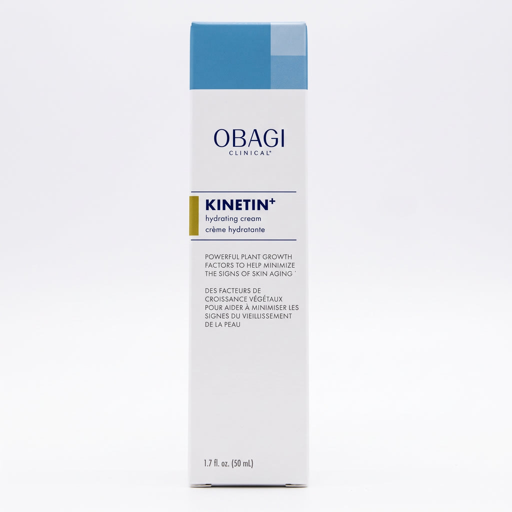A tall white skincare cream bottle with a light blue cap and a small gold accent band, labeled OBAGI CLINICAL KINETIN hydrating cream, on a clean white background.
