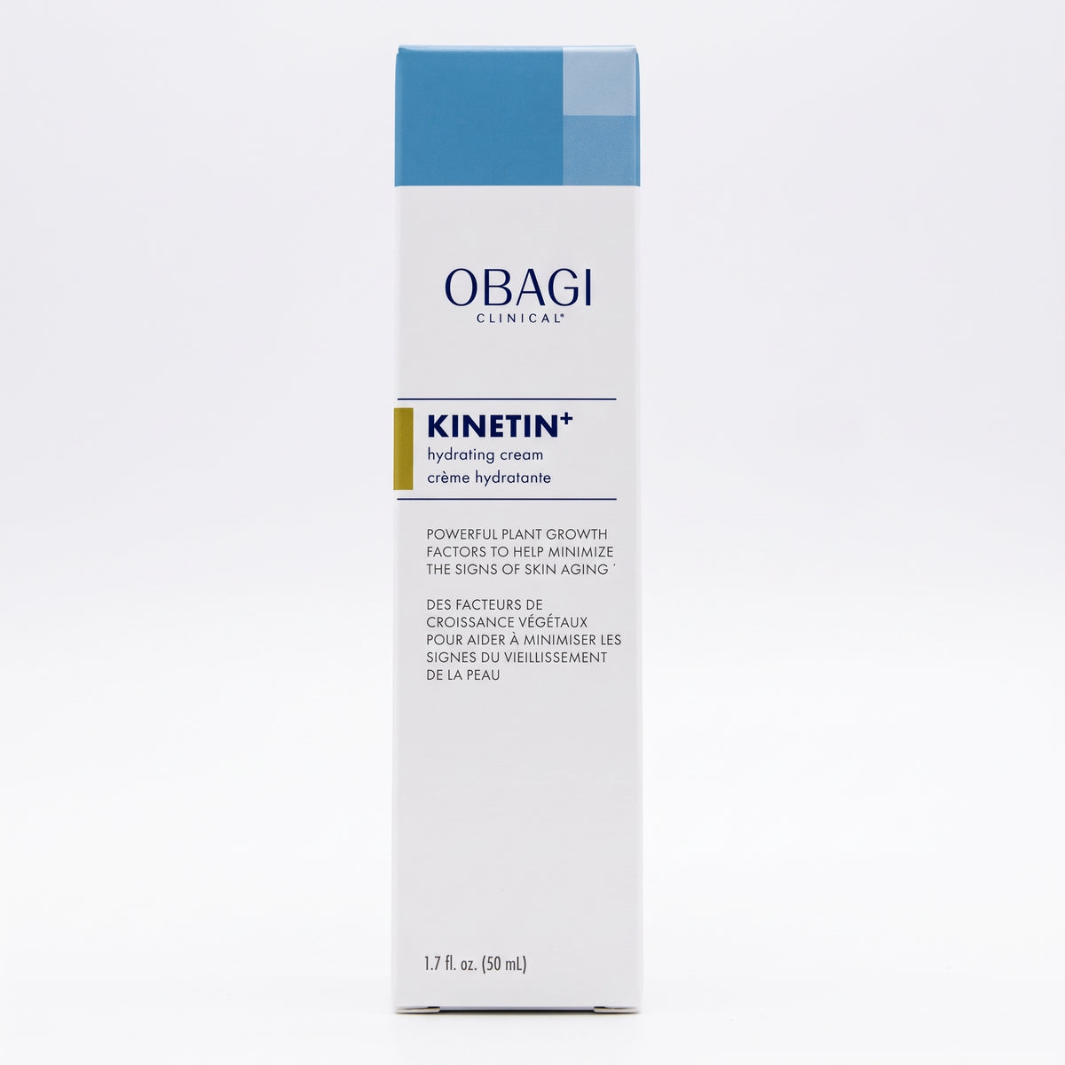 A tall white skincare cream bottle with a light blue cap and a small gold accent band, labeled OBAGI CLINICAL KINETIN hydrating cream, on a clean white background.
