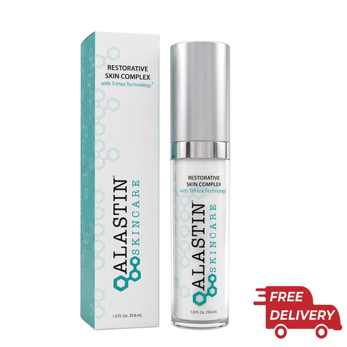 Alastin Skincare Restorative Skin Complex in a clear bottle with a silver cap, shown next to its white and teal packaging box. A red 'FREE DELIVERY' graphic is in the bottom right corner.