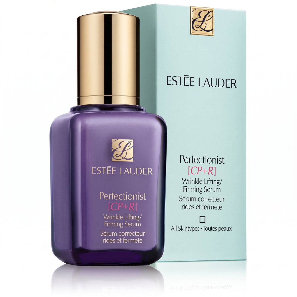 Estée Lauder Perfectionist [CP+R] Wrinkle Lifting/Firming Serum in a purple bottle with a gold cap, shown next to its light blue and white packaging box.