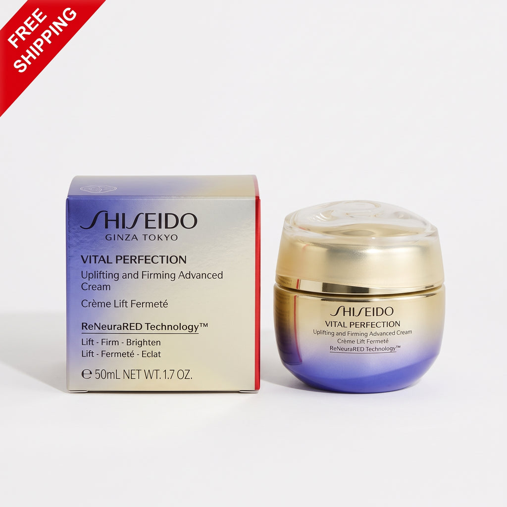 Shiseido Vital Perfection Uplifting and Firming Advanced Cream 50mL jar next to its original packaging box, displayed on a clean white background with a red 'FREE SHIPPING' banner in the top-left corner.