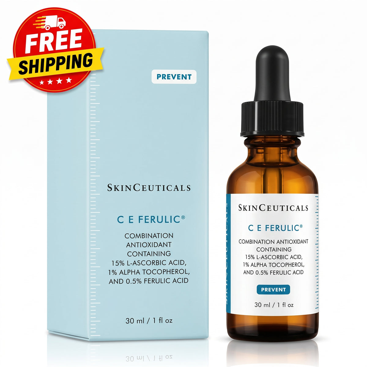 SkinCeuticals C E Ferulic combination antioxidant serum shown with its light blue outer box and an amber glass dropper bottle, plus a red and yellow 'FREE SHIPPING' promotional badge in the top-left corner.