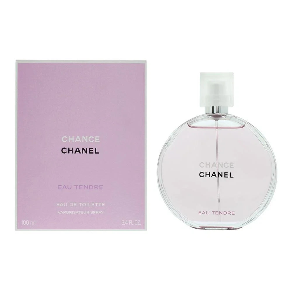 Chanel Chance Eau Tendore Eau de Toilette bottle and its original lavender-colored packaging box, displayed side-by-side on a clean white background.