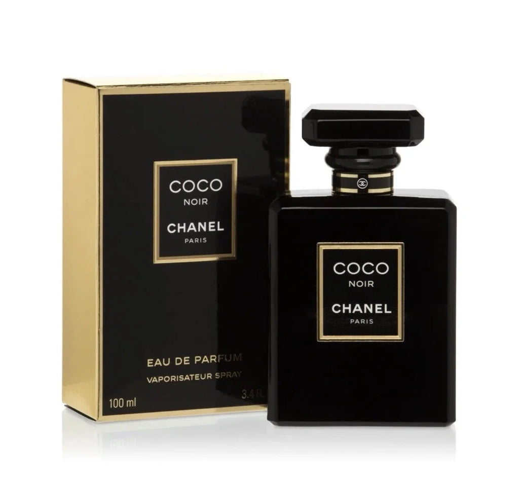 Chanel Coco Noir Eau de Parfum 100ml bottle and its original packaging box, both in black with gold accents, on a white background.