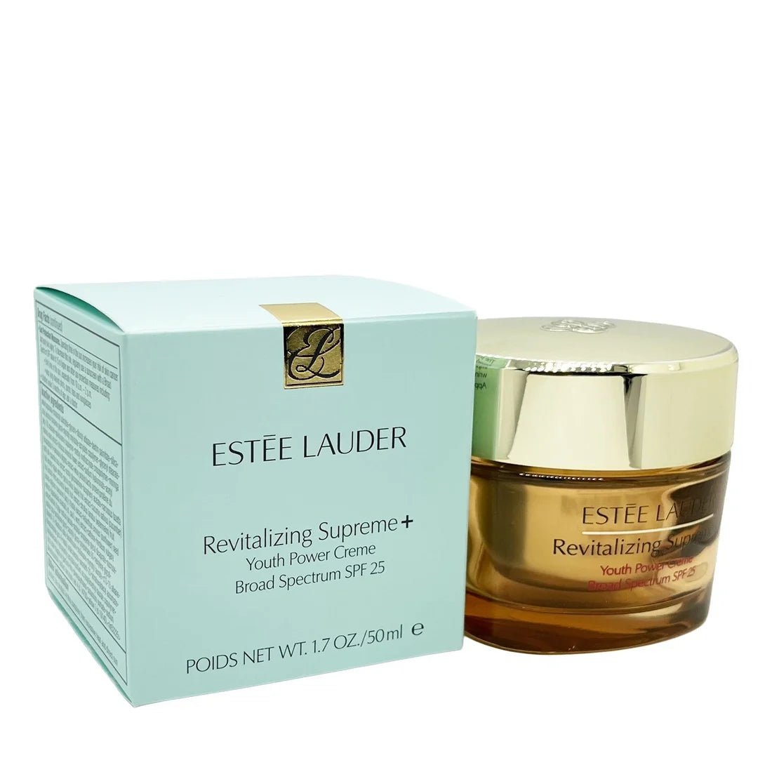Estée Lauder Revitalizing Supreme+ Youth Power Creme SPF 25 jar and its light blue packaging box, shown on a plain white background.