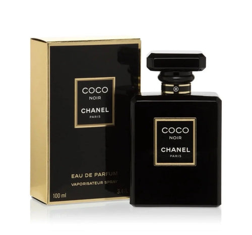 Chanel Coco Noir Eau de Parfum 100ml bottle and its original packaging box, both in black with gold accents, on a white background.