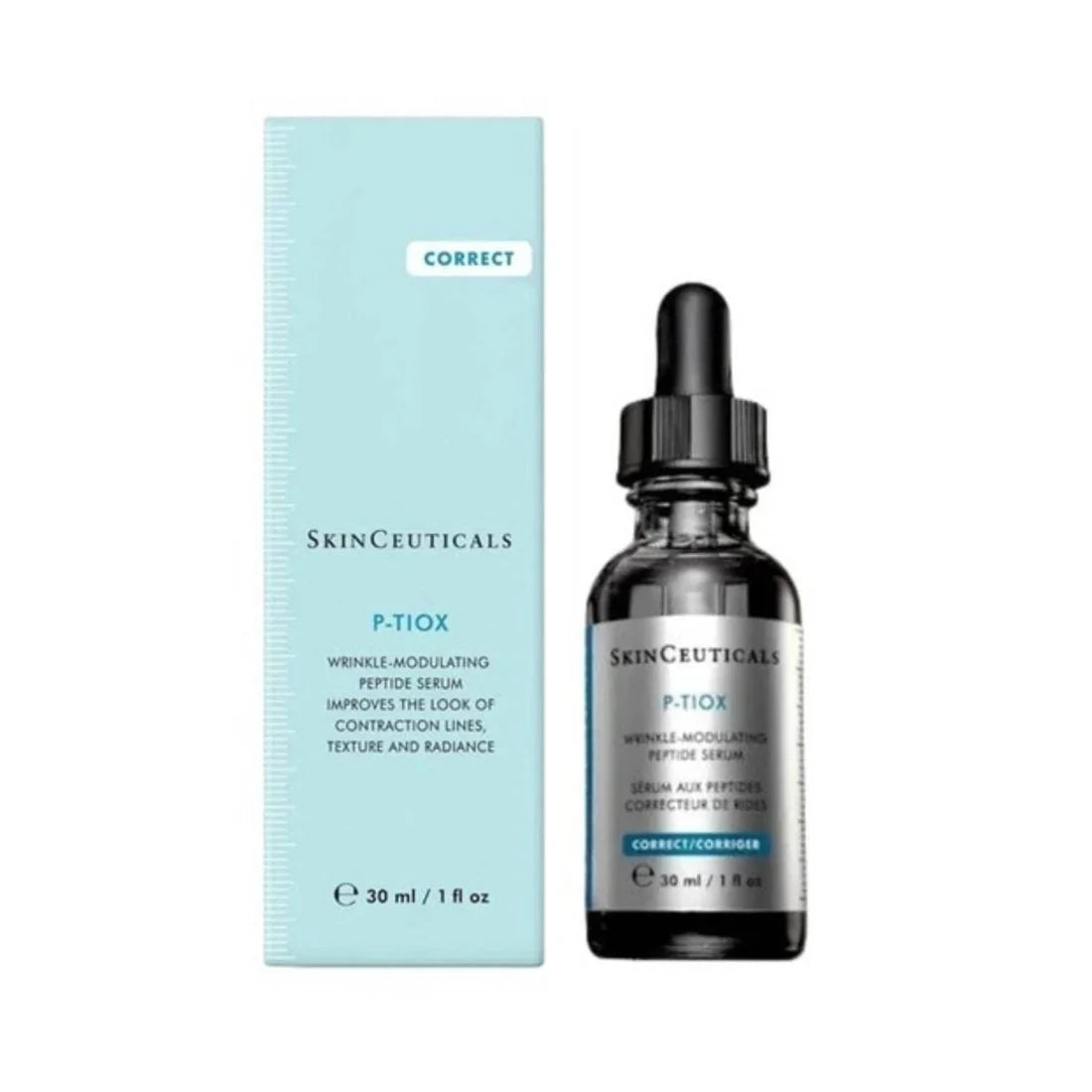 SkinCeuticals P-Tiox Wrinkle Modulating Peptide Serum shown with its light blue outer box and a dark glass dropper bottle on a white background.