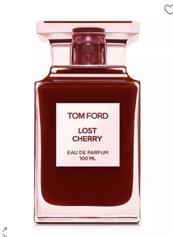 Tom Ford Lost Cherry Eau de Parfum 100ml bottle, featuring a dark cherry-red liquid inside a translucent pink glass bottle with a white label.