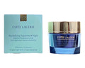 Estée Lauder Revitalizing Supreme + Night Intensive Repairing Cream in a light blue box next to its blue jar with a gold lid, on a white background.