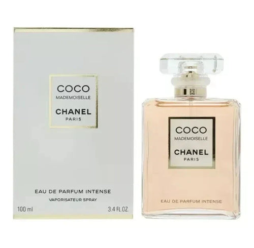 Chanel Coco Mademoiselle perfume bottle and packaging on a white background