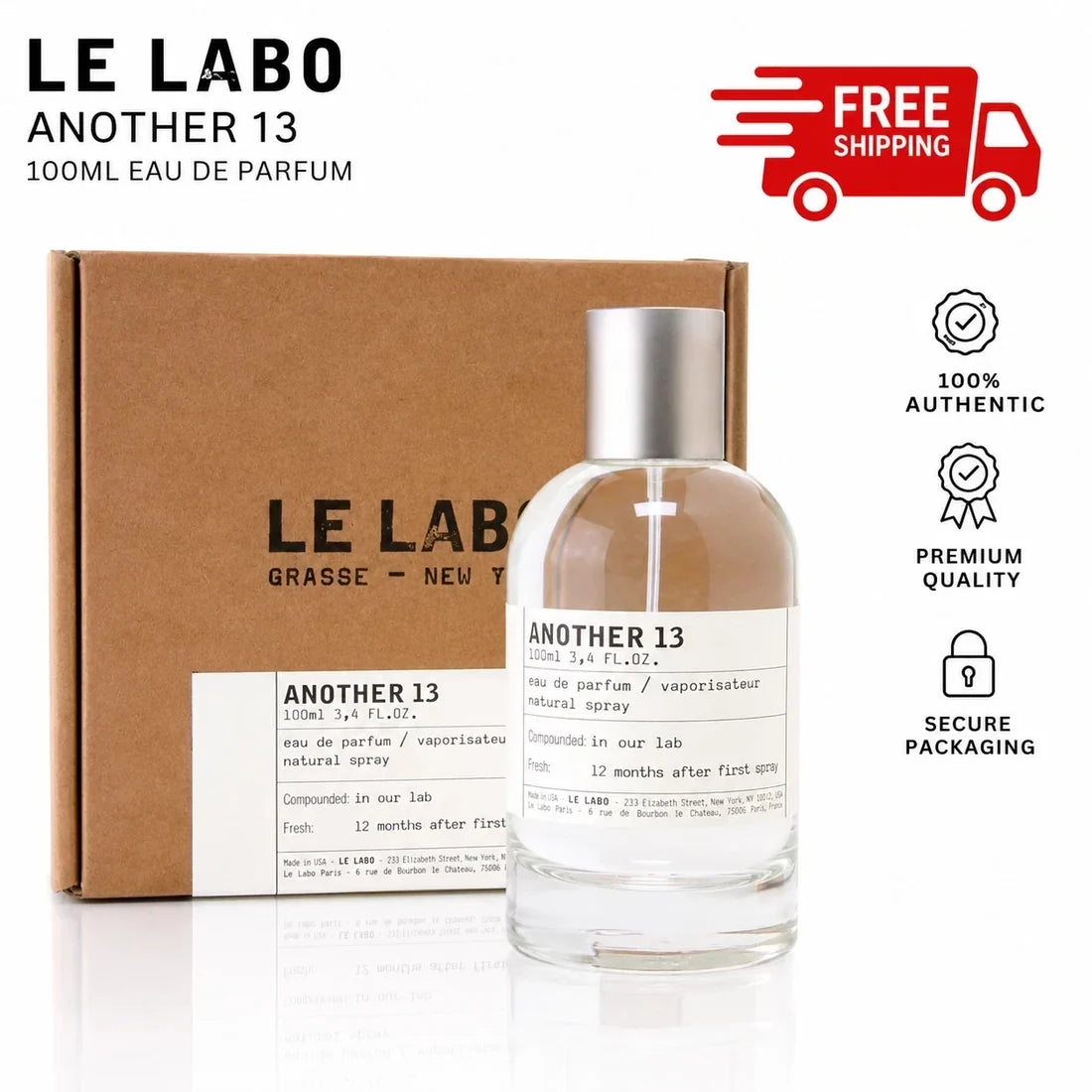 Le Labo Another 13 100ml Eau de Parfum bottle in clear glass with a silver cap, shown next to its brown kraft paper box. The image includes text overlays for 'LE LABO ANOTHER 13' and a 'FREE SHIPPING' graphic, along with quality badges on the right.