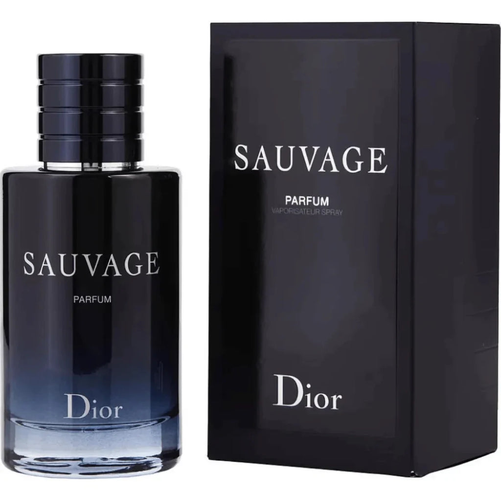 Dior Sauvage Parfum bottle next to its black packaging box, featuring a dark blue-to-black gradient glass bottle and a matching black box with silver lettering.