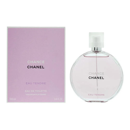 Chanel Chance Eau Tendore Eau de Toilette bottle and its original lavender-colored packaging box, displayed side-by-side on a clean white background.