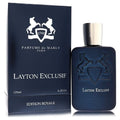 Layton Exclusif Eau de Parfum bottle and its packaging box by Parfums de Marly Paris. The bottle and box are dark navy blue with a silver metallic cap and embossed/printed white logos and text.