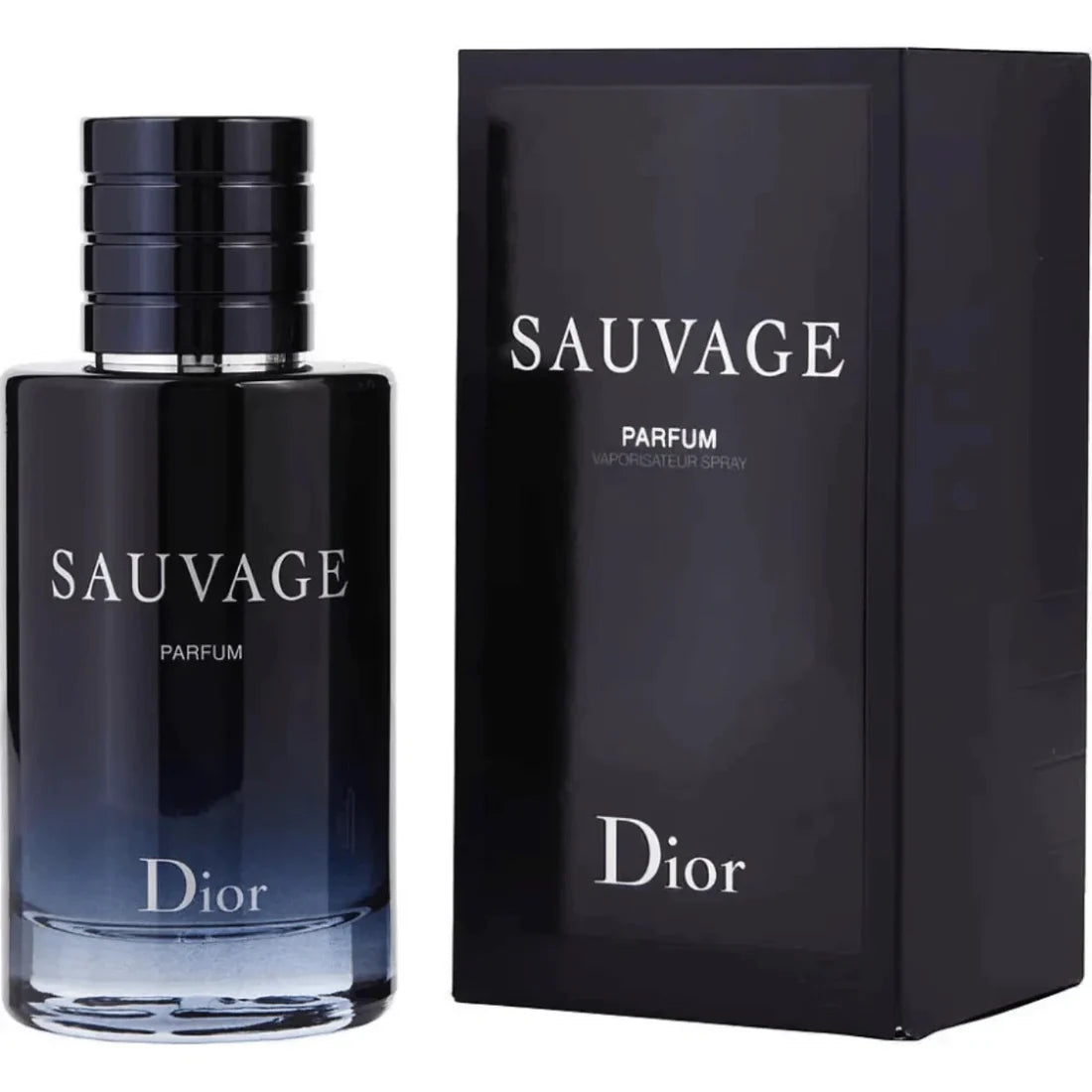 Dior Sauvage Parfum bottle next to its black packaging box, featuring a dark blue-to-black gradient glass bottle and a matching black box with silver lettering.