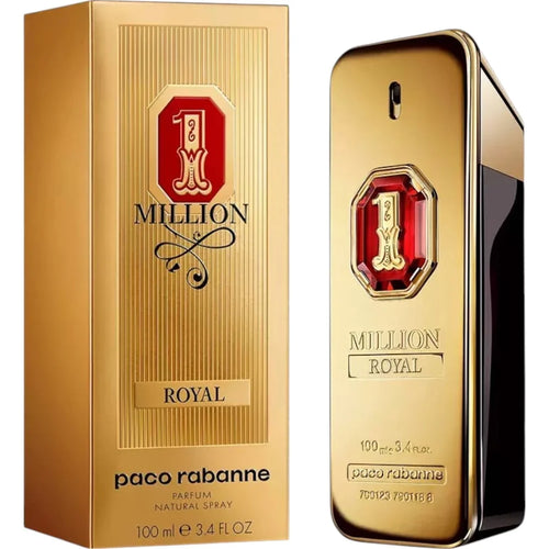 Paco Rabanne Million Royal perfume bottle and its gold packaging box, featuring a metallic gold finish with a red and gold '1' emblem.