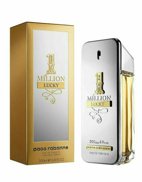 Paco Rabanne 1 Million Lucky Eau de Toilette shown with its gold and silver box and the rectangular perfume bottle containing golden liquid.