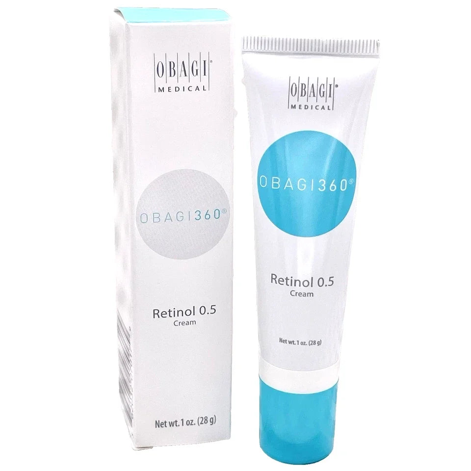 Obagi Medical Obagi360 Retinol 0.5 Cream shown in its white squeeze tube with a light blue cap next to its matching white and light blue packaging box.
