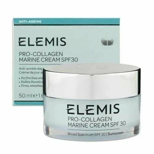 Elemis Pro-Collagen Marine Cream SPF 30 in a clear glass jar with a silver lid, shown in front of its light blue and teal packaging box.