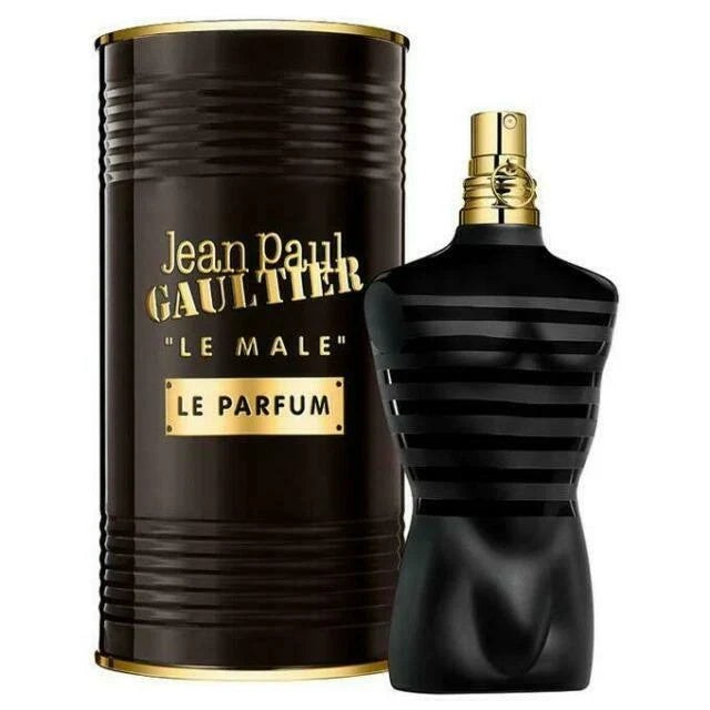 Jean Paul Gaultier Le Male Le Parfum fragrance shown with a black cylindrical box and a black bottle shaped like a male torso, both with gold lettering and trim, on a white background.