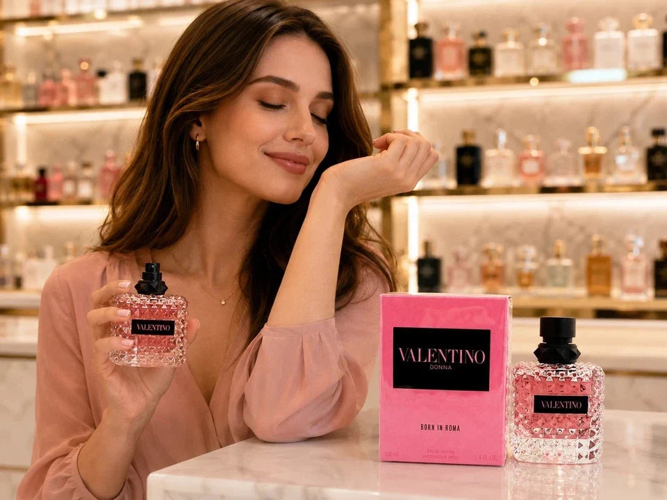 A woman in a blush pink blouse holds a bottle of Valentino Elixir perfume next to its pink box and another bottle on a marble counter, with a softly blurred perfume shop background.